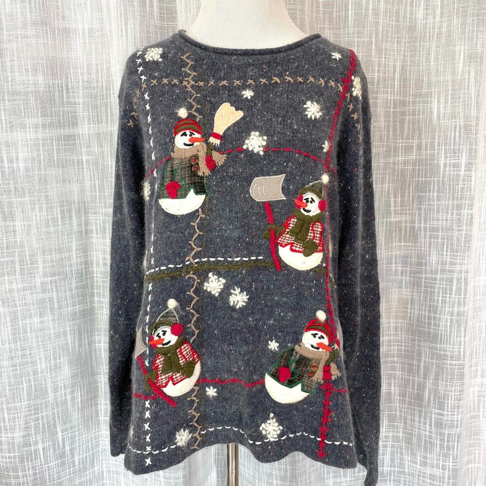 Vintage Womens Christmas Knit Sweater Snowman Holiday Winter Embroidered Cozy